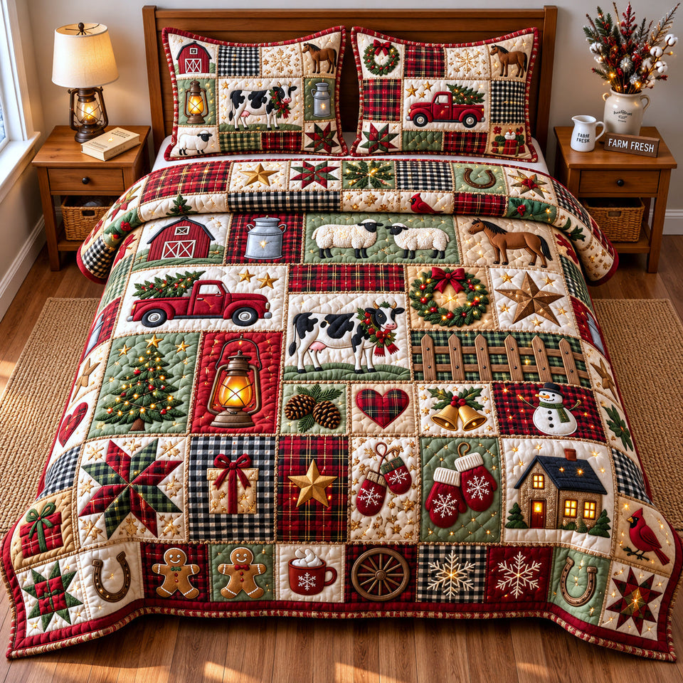 Holiday Patchwork quilted bedding set, quilt and two pillow shams on a made bed
