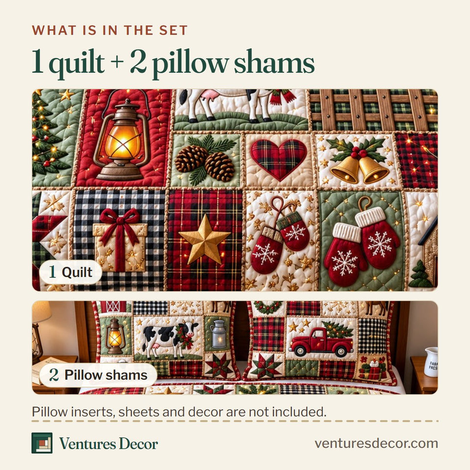 What is in the set: one quilt and two pillow shams, shown in the Holiday Patchwork design