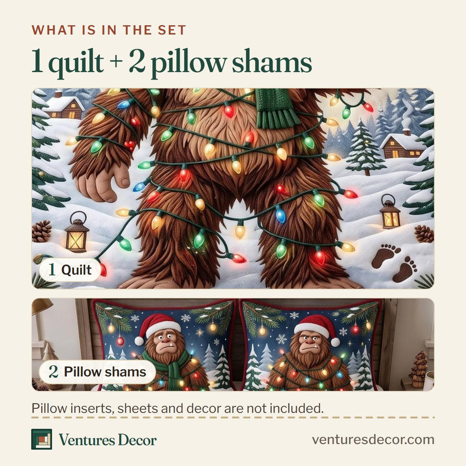 What is in the set: one quilt and two pillow shams, shown in the Holiday Sasquatch design