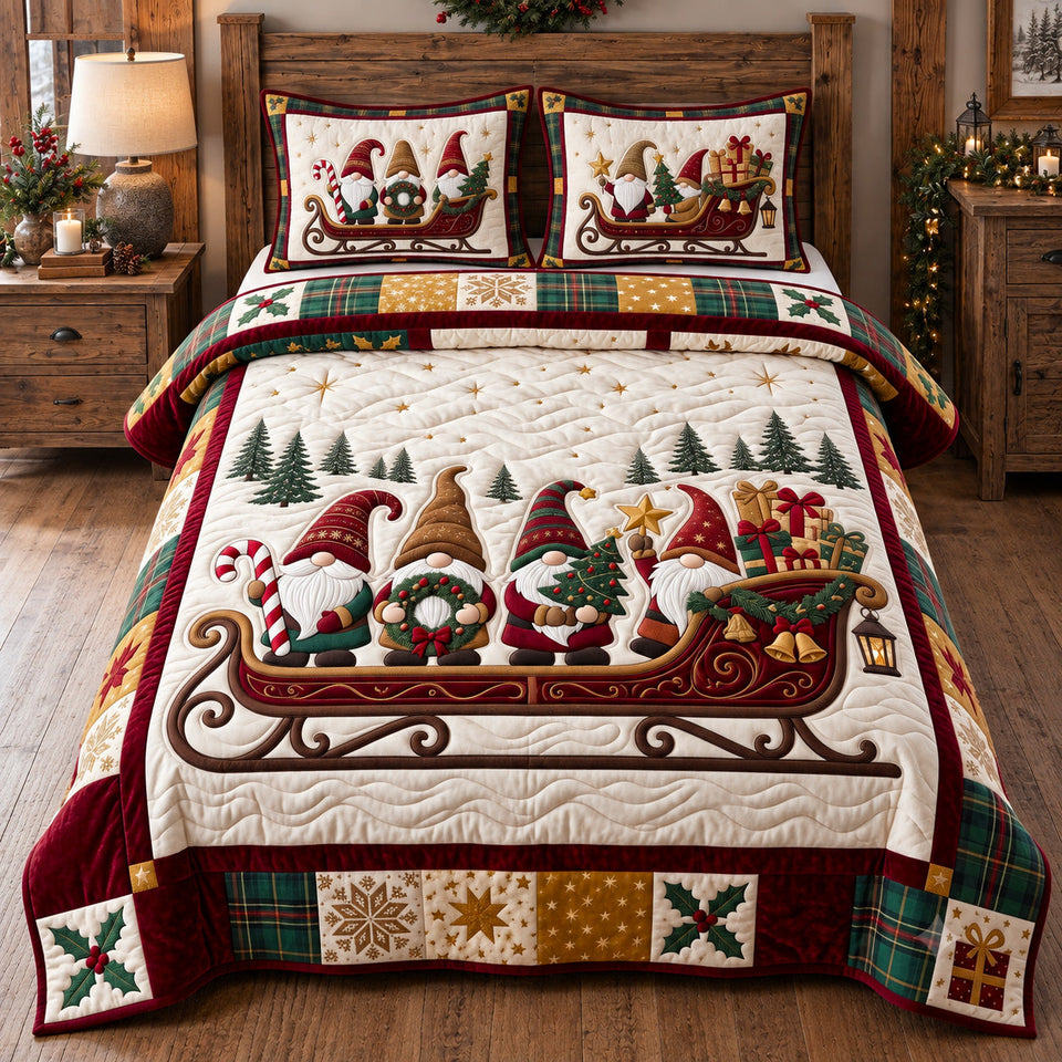 Holiday Sleigh Gnomes quilted bedding set, quilt and two pillow shams on a made bed