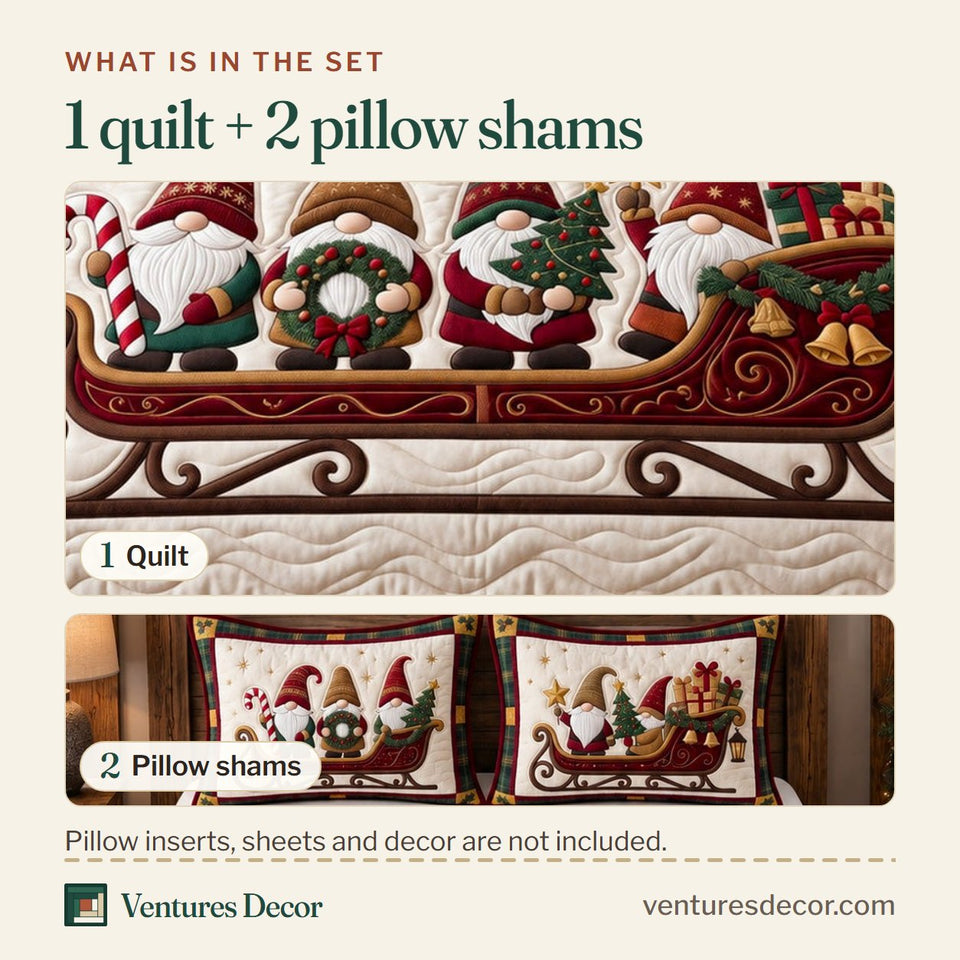 What is in the set: one quilt and two pillow shams, shown in the Christmas Holiday Sleigh Gnomes Quilt Set, 3-Piece Quilted Bedding with 2 Pillow Shams design