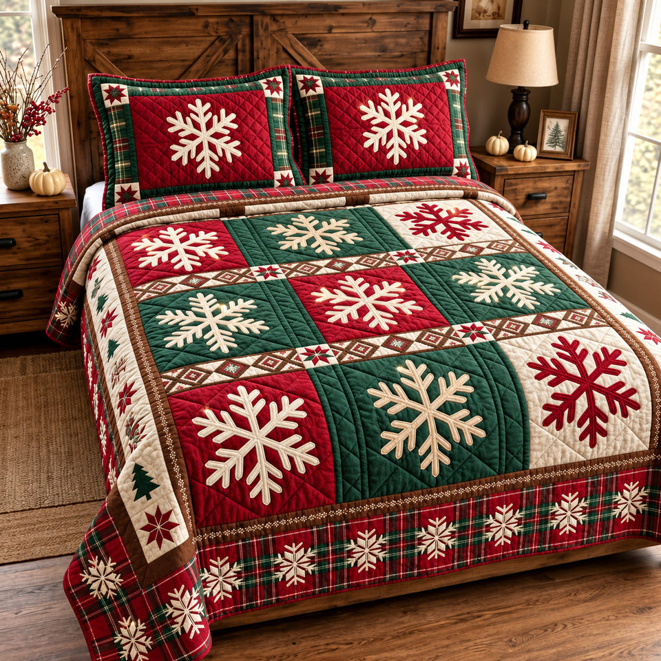 Holiday Snowflake quilted bedding set, quilt and two pillow shams on a made bed