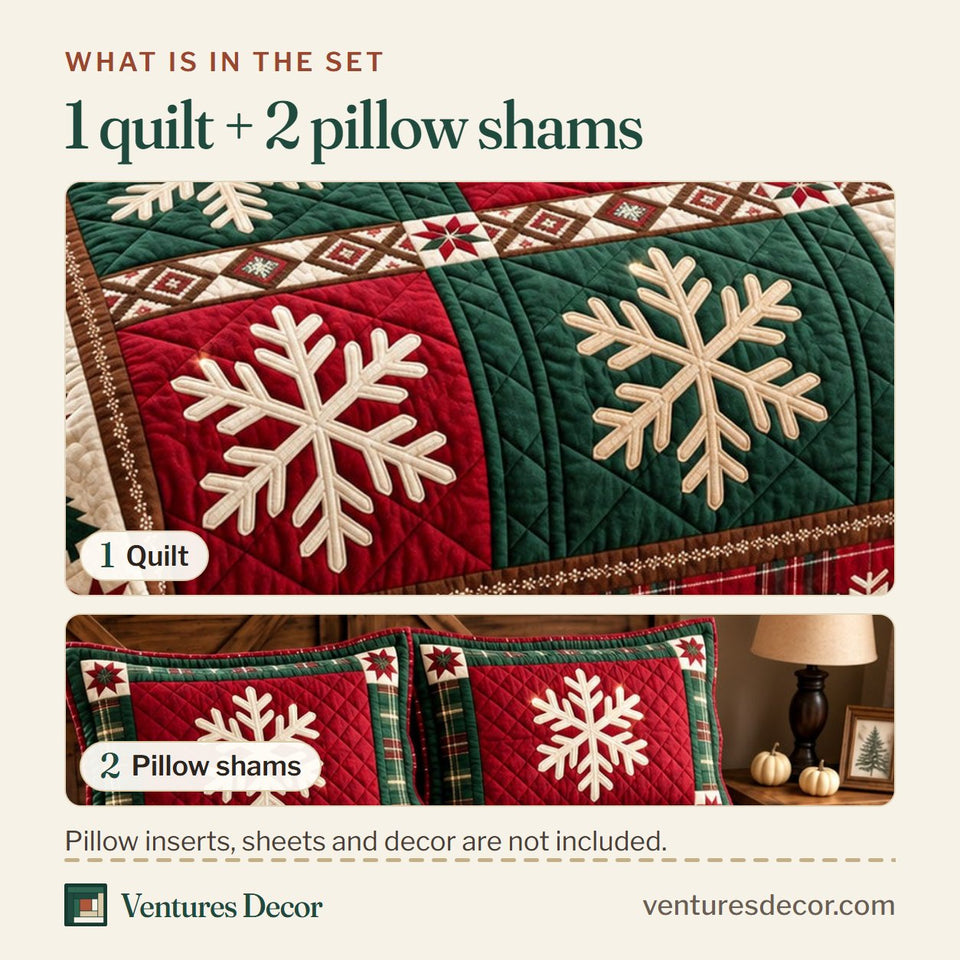 What is in the set: one quilt and two pillow shams, shown in the Holiday Snowflake Quilt Set, 3-Piece Quilted Bedding with 2 Pillow Shams design