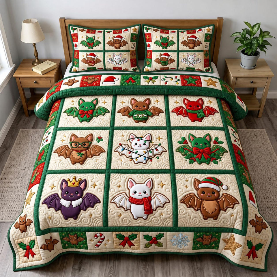 Holly Bat Sampler quilted bedding set, quilt and two pillow shams on a made bed