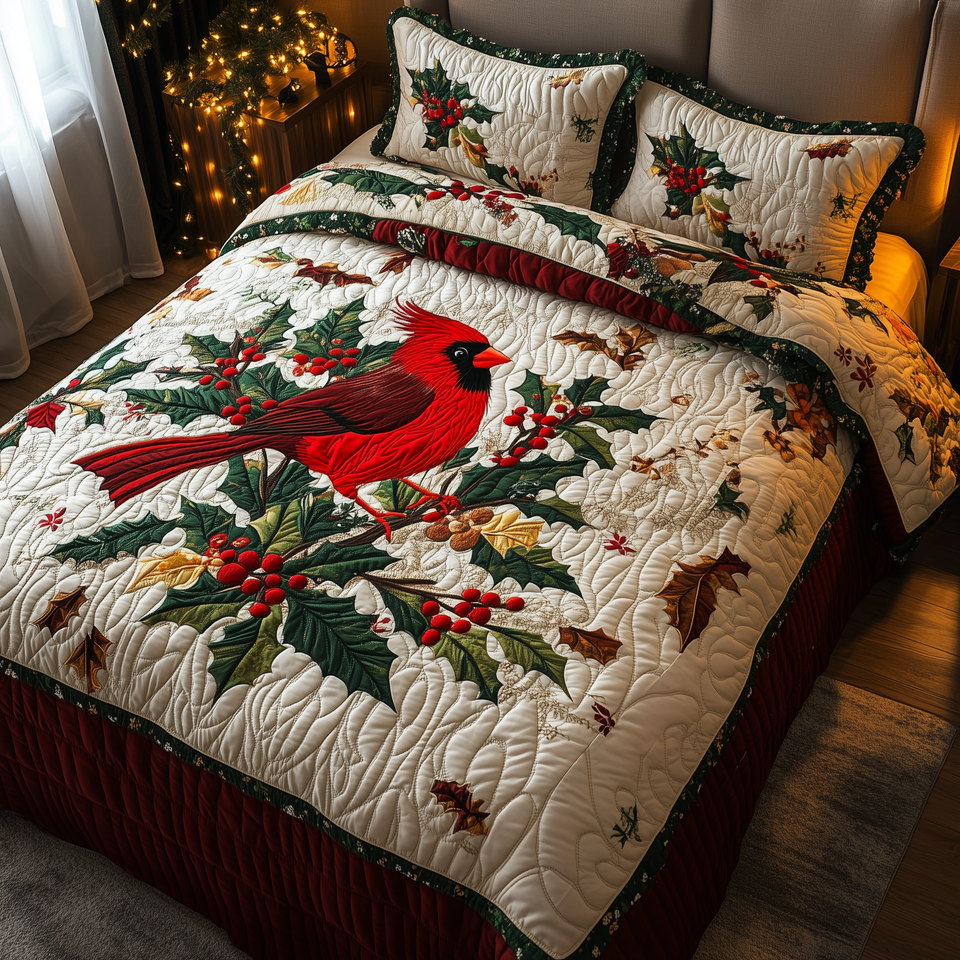 Holly Cardinal Snowberry quilted bedding set, quilt and two pillow shams on a made bed