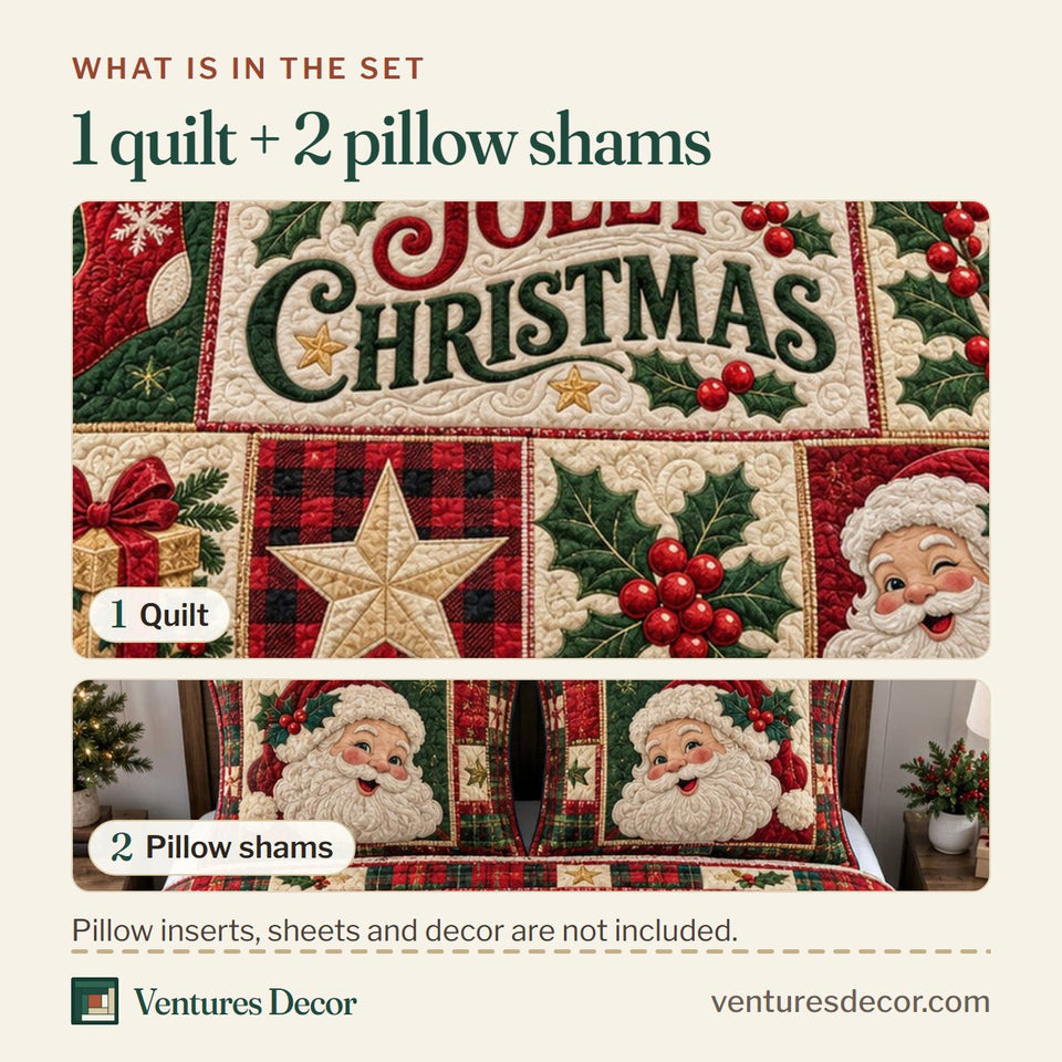 What is in the set: one quilt and two pillow shams, shown in the Holly Jolly Santa design