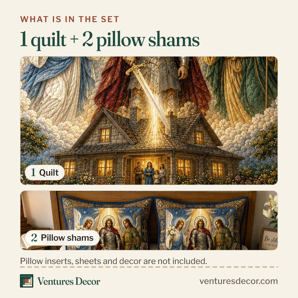 What is in the set: one quilt and two pillow shams, shown in the Holy Archangels Family Protection design