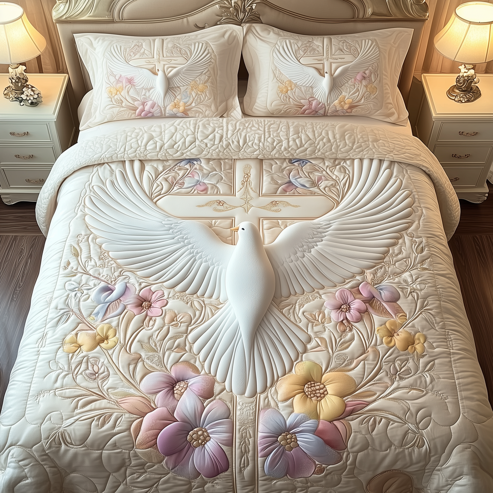 Holy Dove Ascending quilted bedding set, quilt and two pillow shams on a made bed