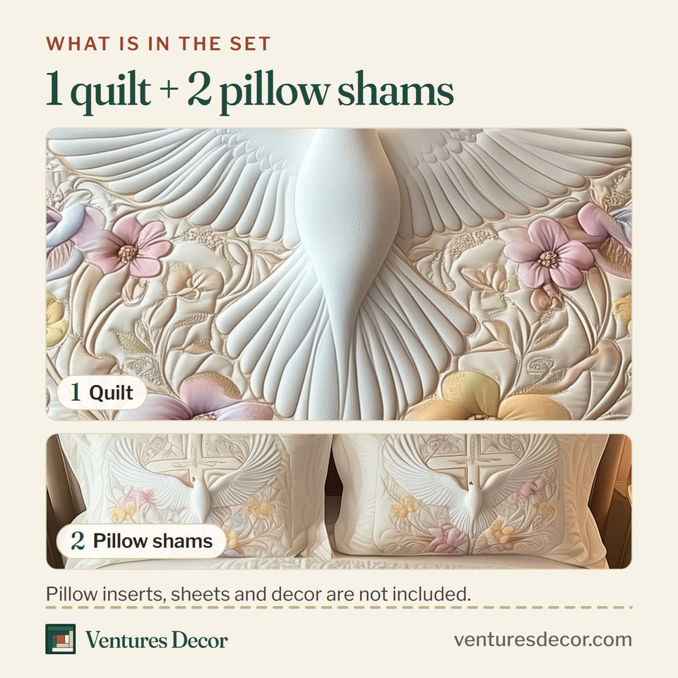 What is in the set: one quilt and two pillow shams, shown in the Holy Dove Ascending design