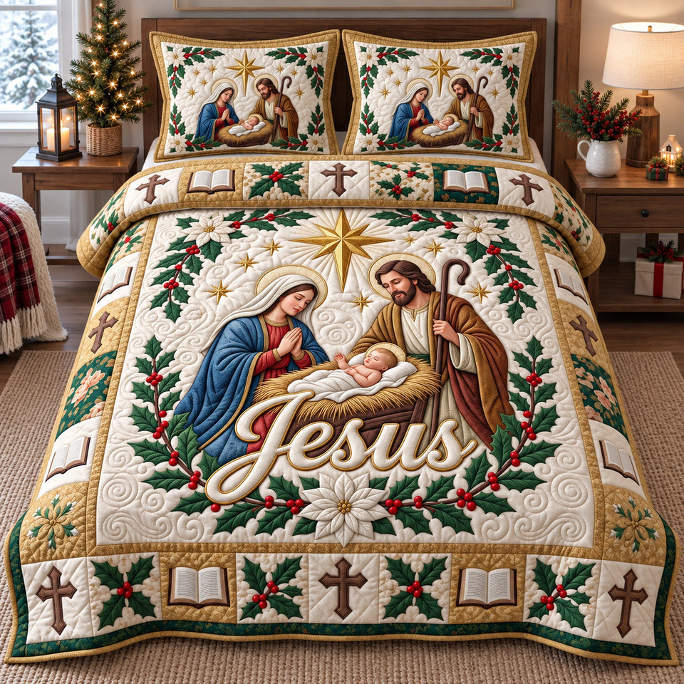 Holy Family quilted bedding set, quilt and two pillow shams on a made bed