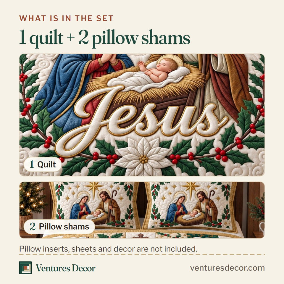 What is in the set: one quilt and two pillow shams, shown in the Holy Family design