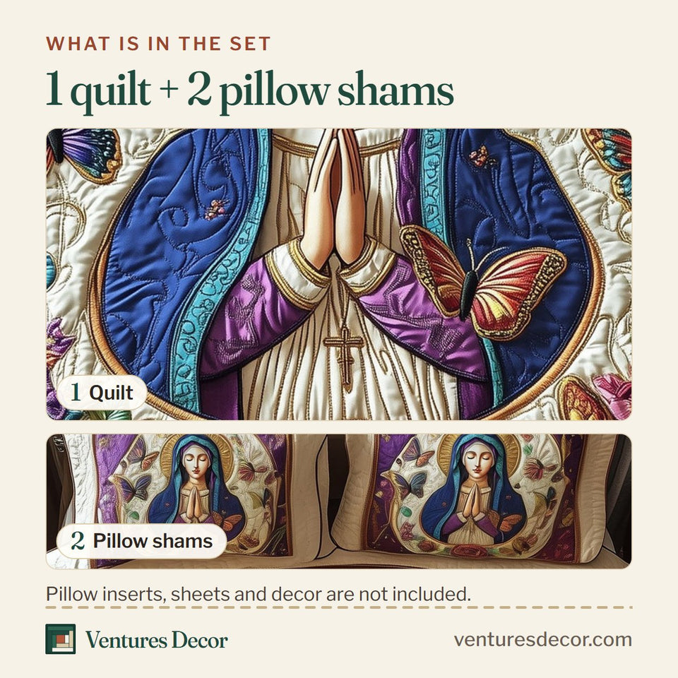 What is in the set: one quilt and two pillow shams, shown in the Holy Mary design