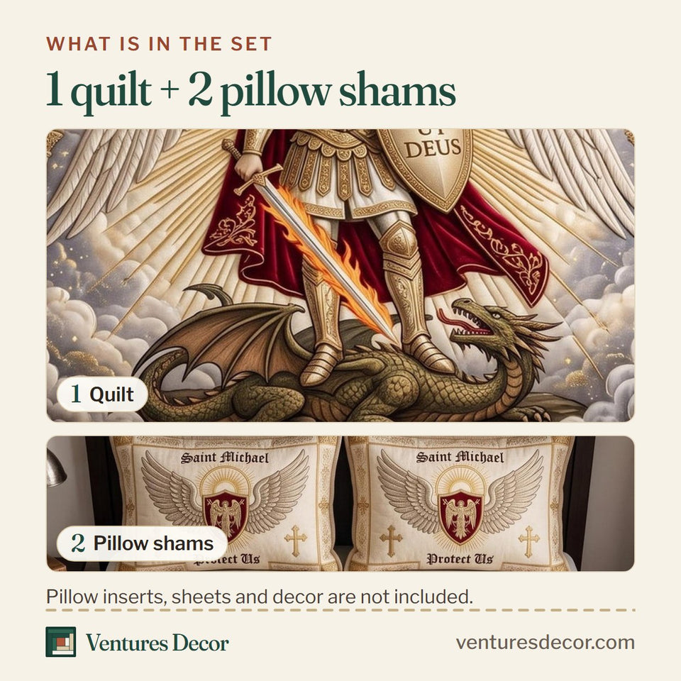 What is in the set: one quilt and two pillow shams, shown in the Holy Michael Triumph Over the Dragon design
