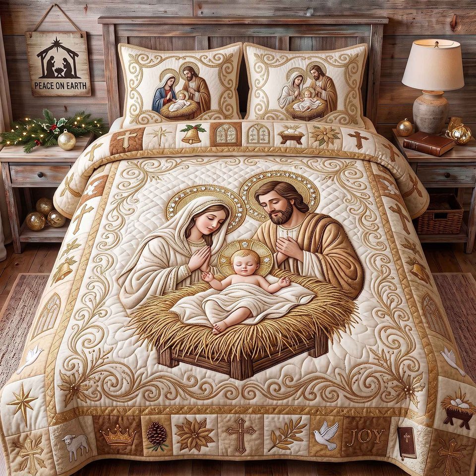 Holy Nativity Christmas quilted bedding set, quilt and two pillow shams on a made bed