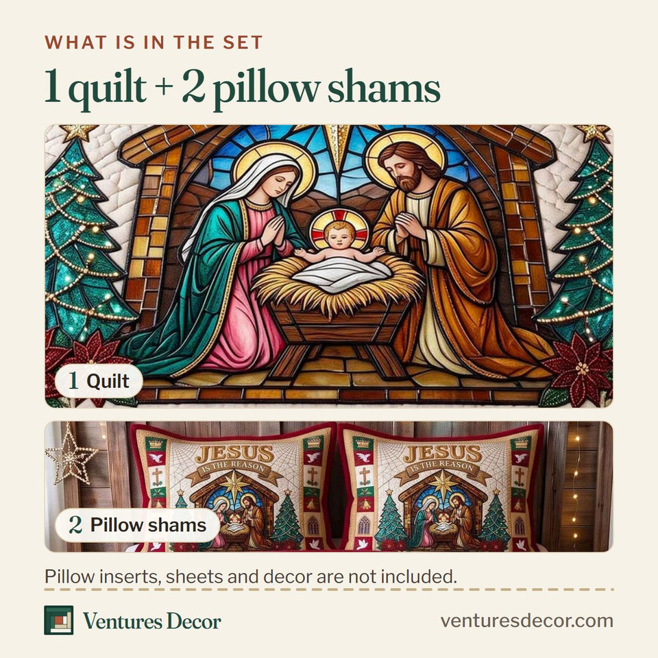 What is in the set: one quilt and two pillow shams, shown in the Holy Nativity Holiday design