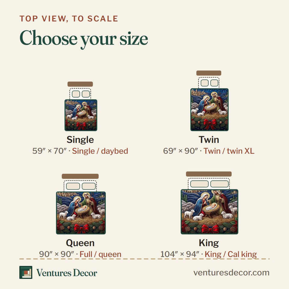 Size guide for the Holy Nativity quilt, top view to scale: Single 59 x 70 in, Twin 69 x 90 in, Queen 90 x 90 in, King 104 x 94 in