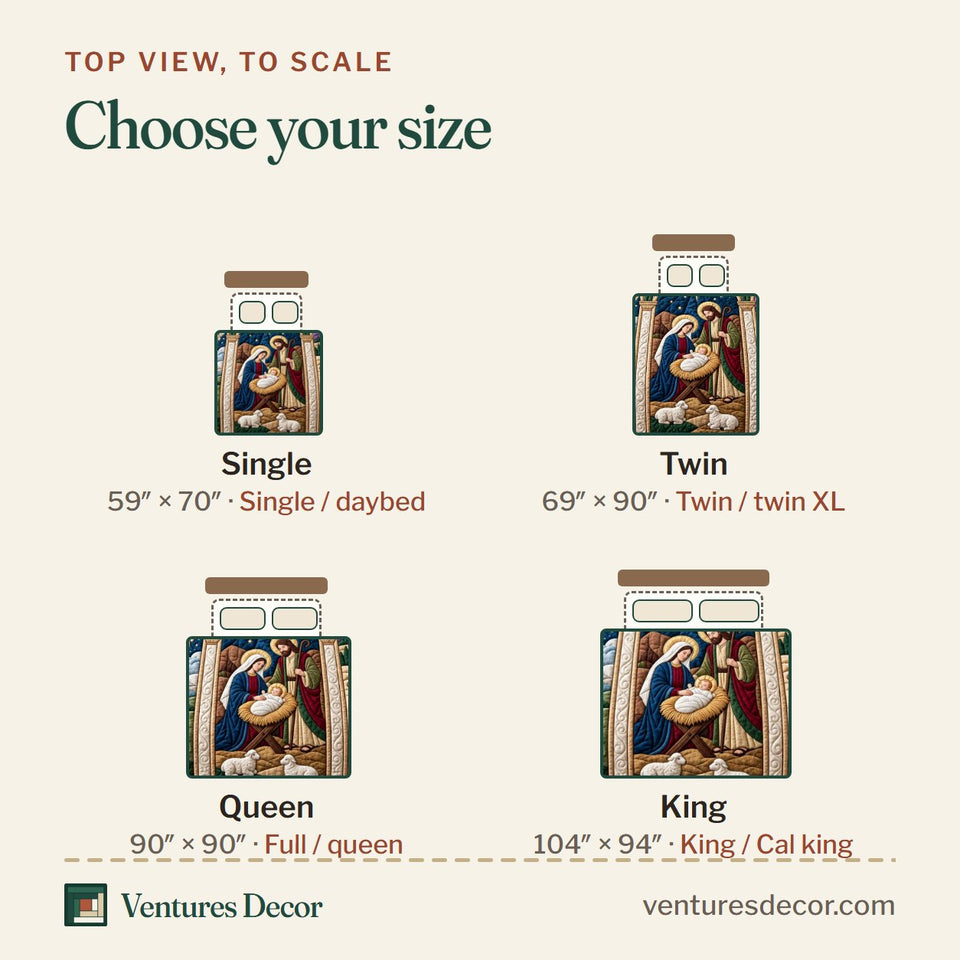 Size guide for the Holy Nativity Window quilt, top view to scale: Single 59 x 70 in, Twin 69 x 90 in, Queen 90 x 90 in, King 104 x 94 in