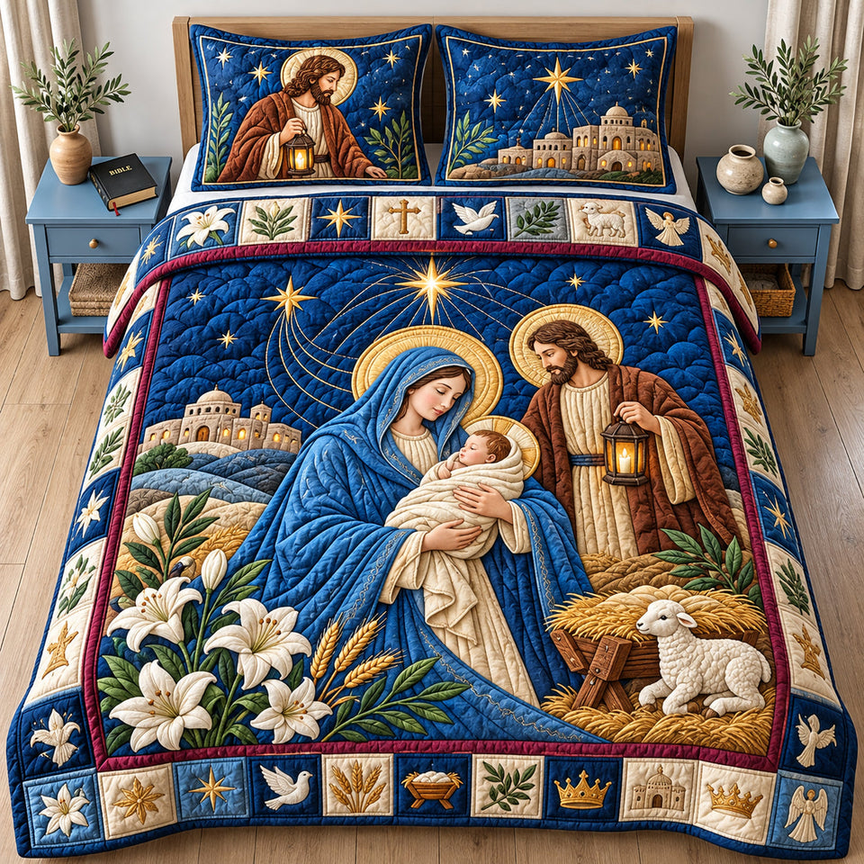 Holy Night Bible Quote quilted bedding set, quilt and two pillow shams on a made bed