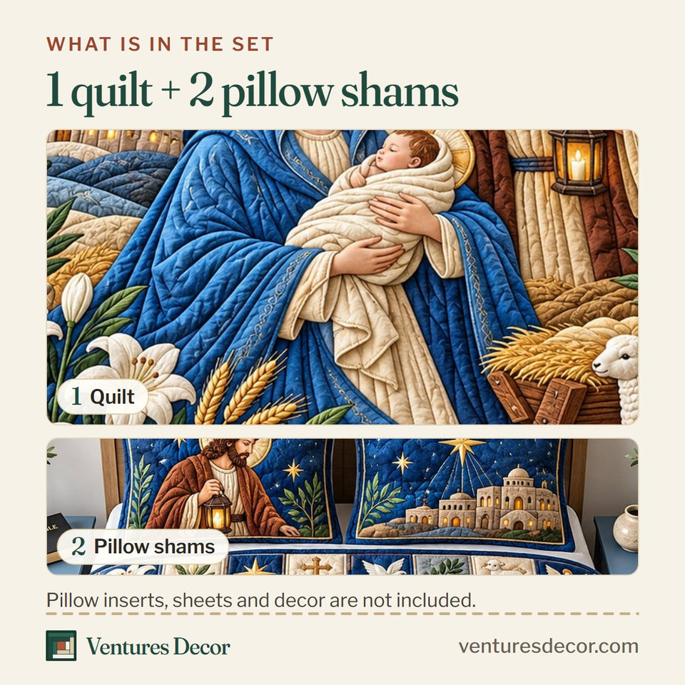 What is in the set: one quilt and two pillow shams, shown in the Holy Night Bible Quote design