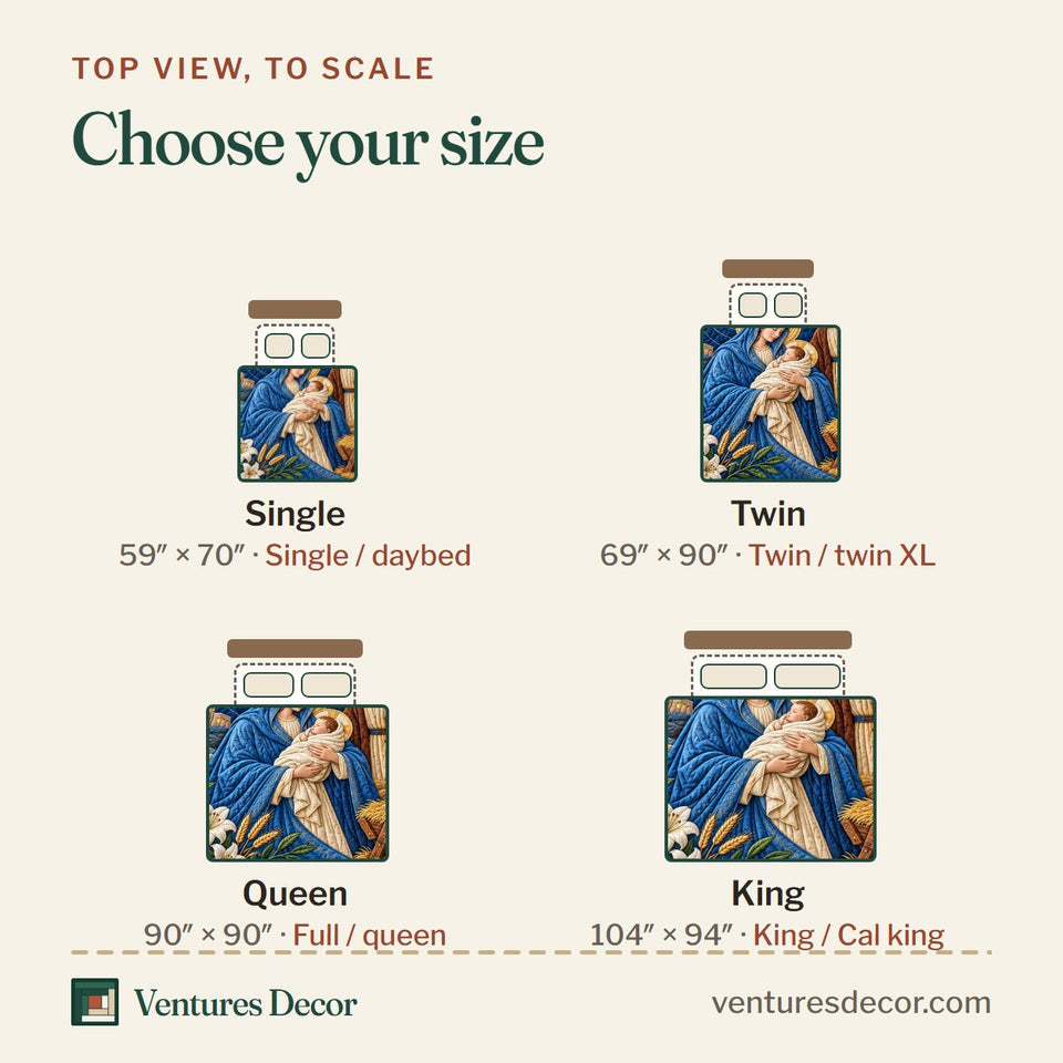 Size guide for the Holy Night Bible Quote quilt, top view to scale: Single 59 x 70 in, Twin 69 x 90 in, Queen 90 x 90 in, King 104 x 94 in