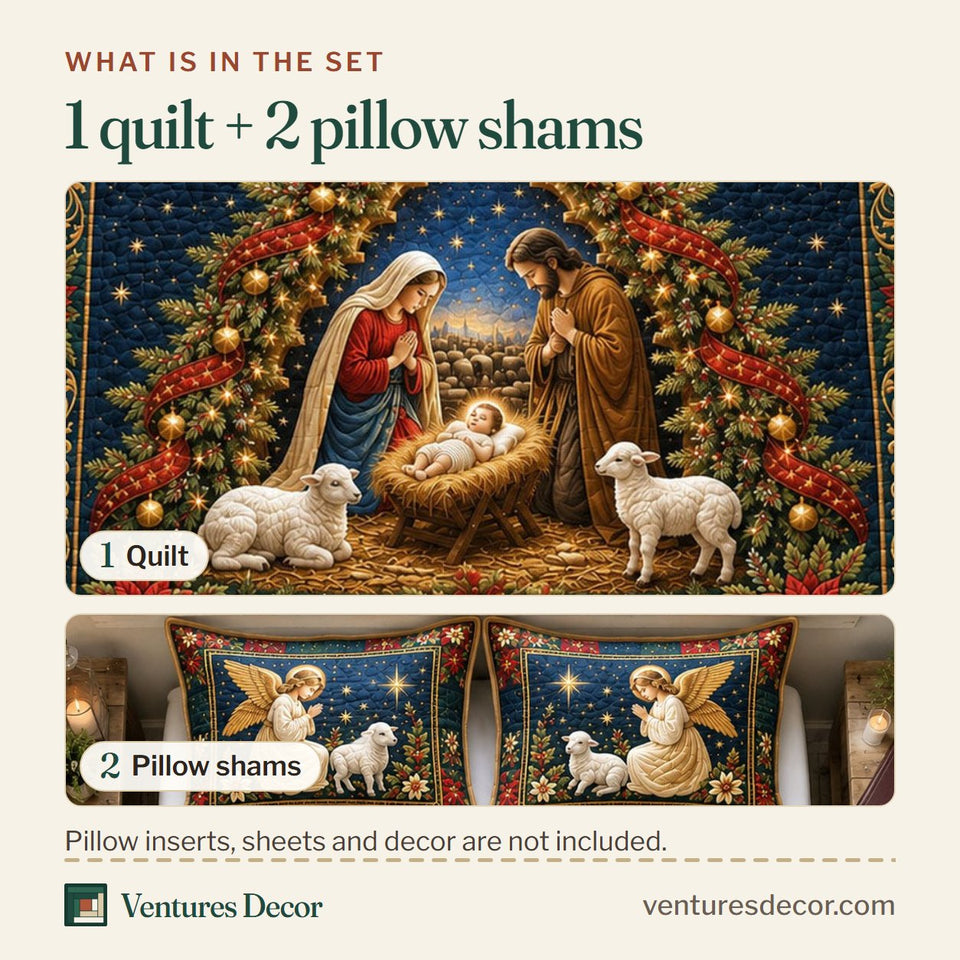 What is in the set: one quilt and two pillow shams, shown in the Holy Night Nativity in Brown design