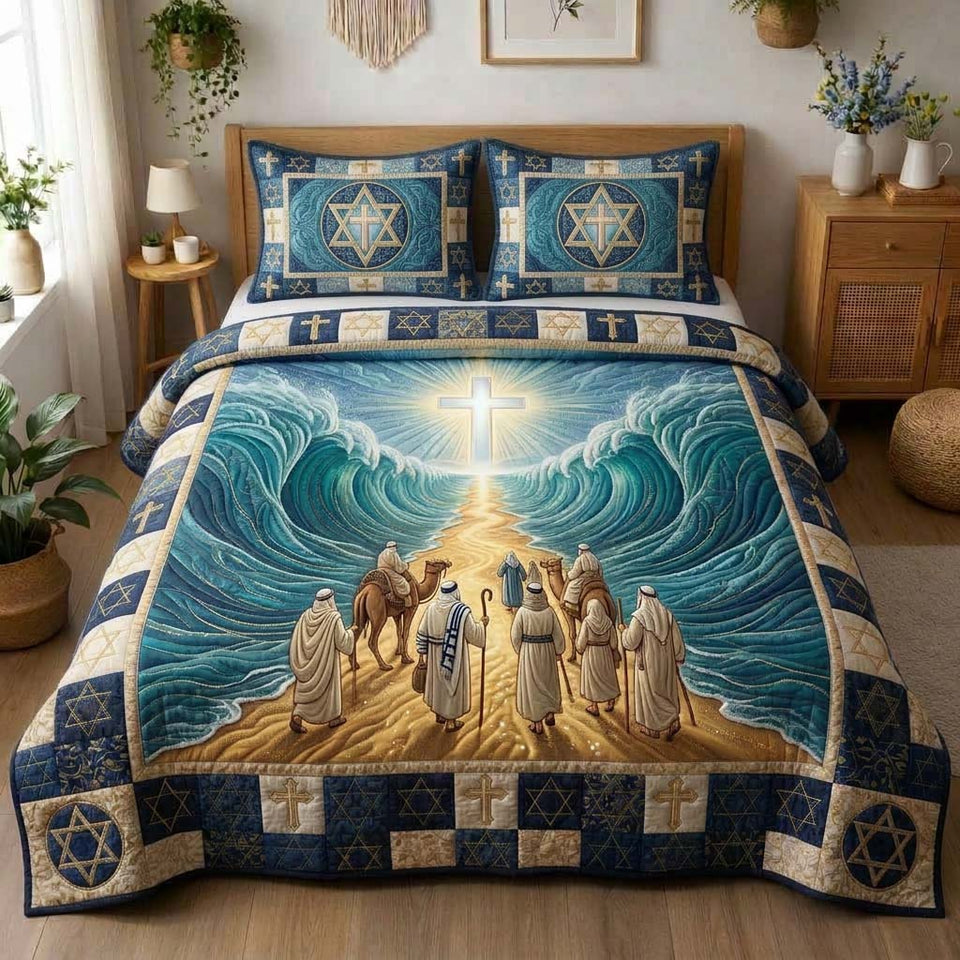Holy Passage Light quilted bedding set, quilt and two pillow shams on a made bed