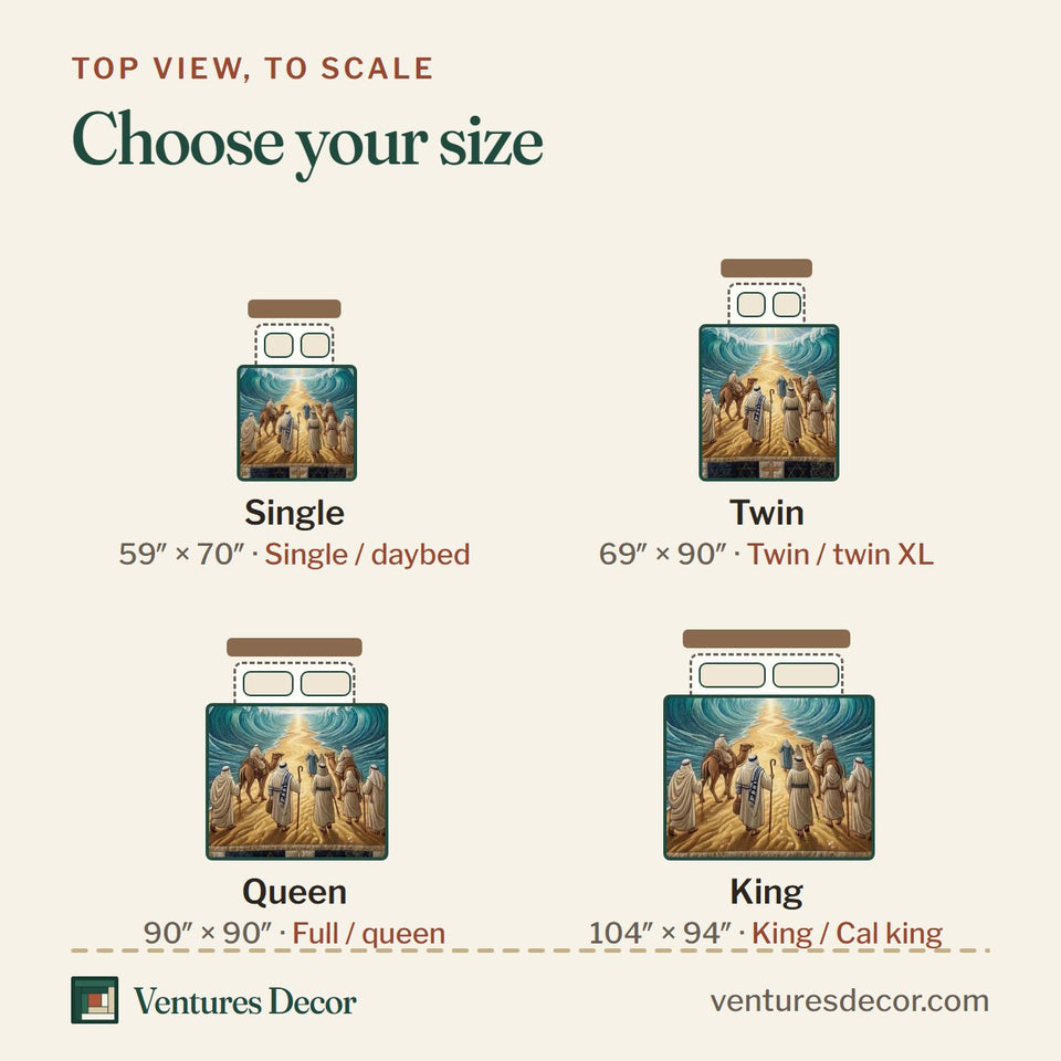 Size guide for the Holy Passage Light quilt, top view to scale: Single 59 x 70 in, Twin 69 x 90 in, Queen 90 x 90 in, King 104 x 94 in