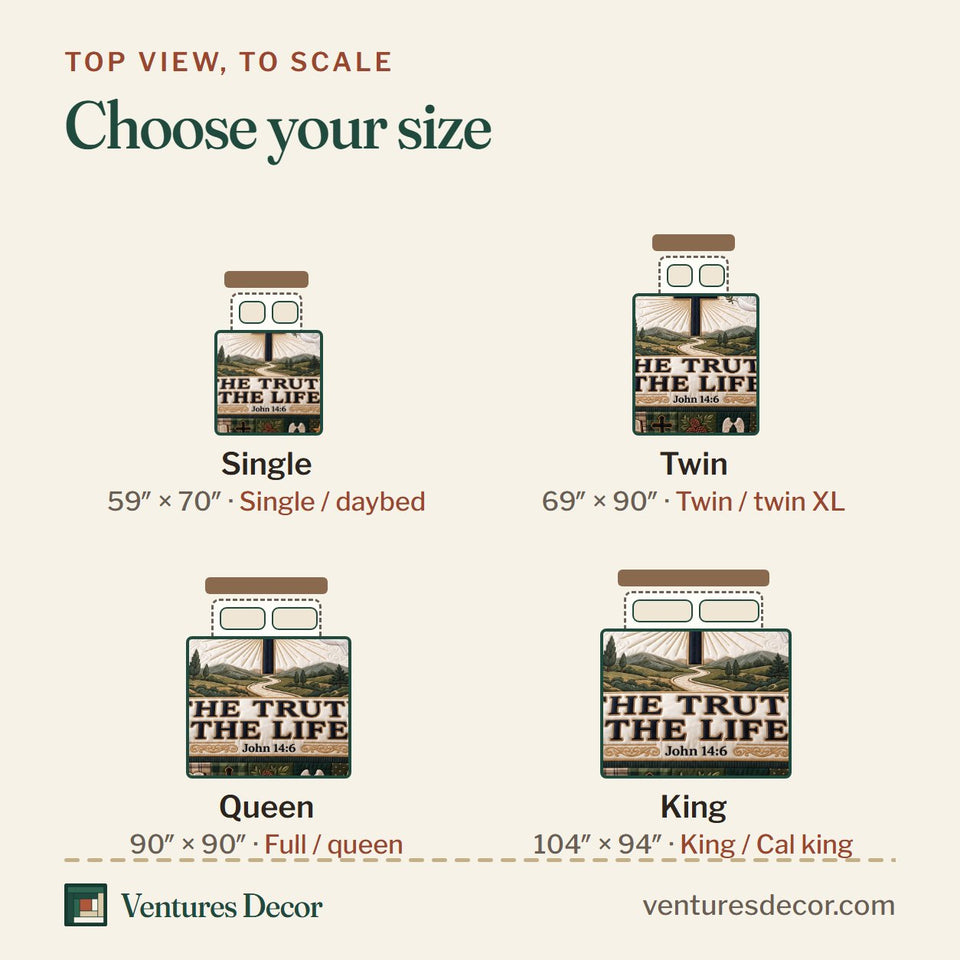 Size guide for the Holy Path Truth quilt, top view to scale: Single 59 x 70 in, Twin 69 x 90 in, Queen 90 x 90 in, King 104 x 94 in