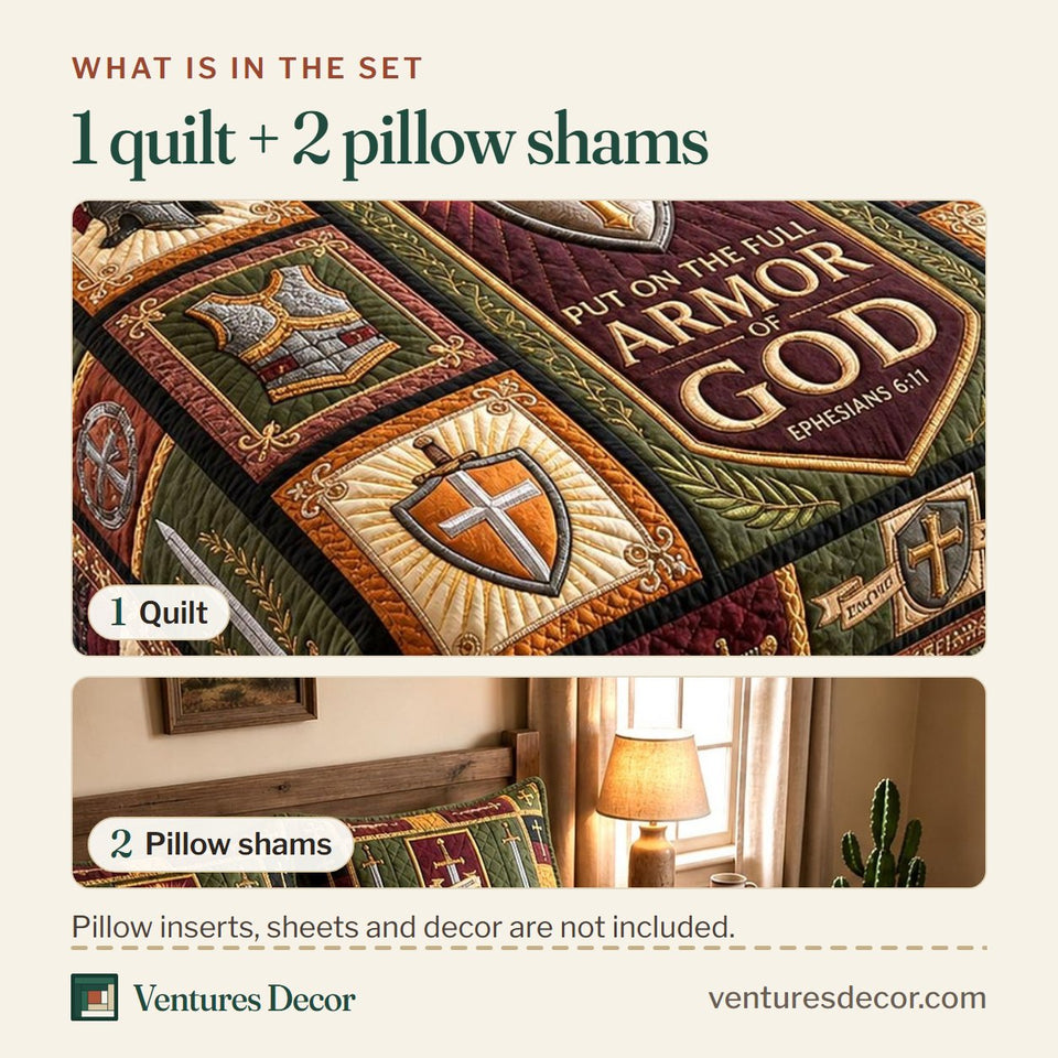 What is in the set: one quilt and two pillow shams, shown in the Holy Victory design