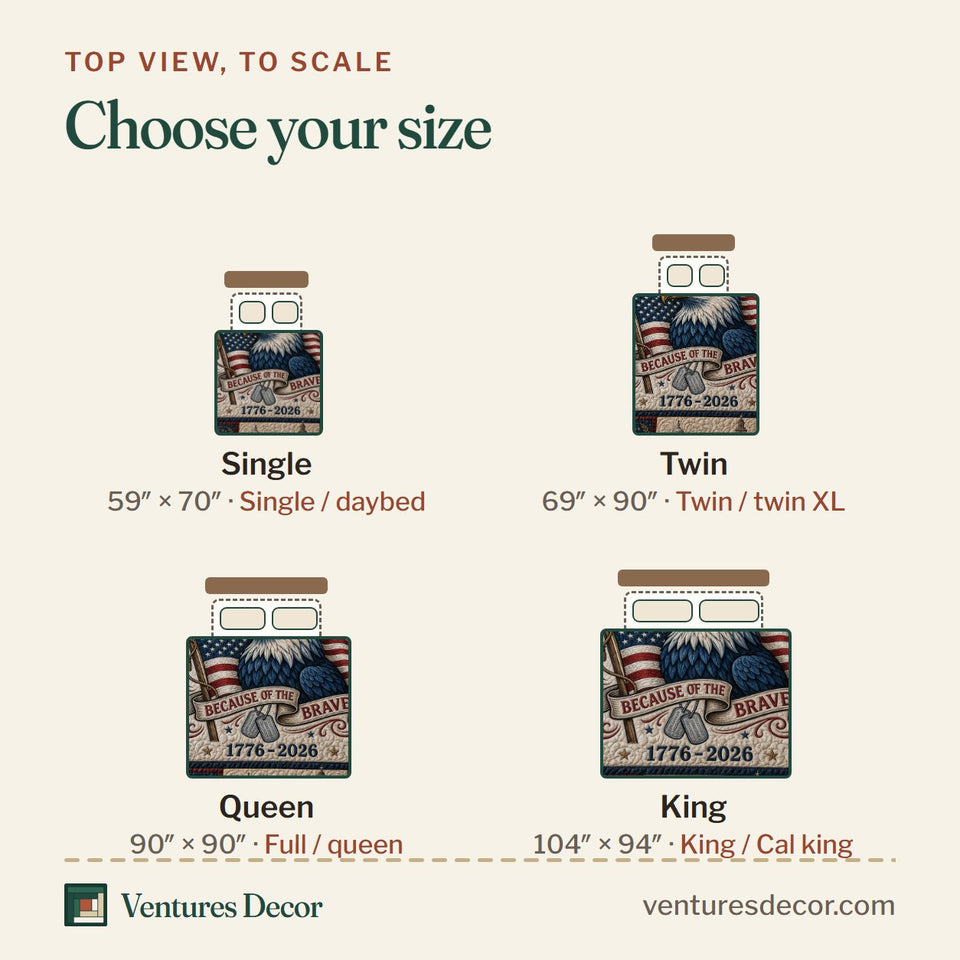 Size guide for the Home Of The Free quilt, top view to scale: Single 59 x 70 in, Twin 69 x 90 in, Queen 90 x 90 in, King 104 x 94 in