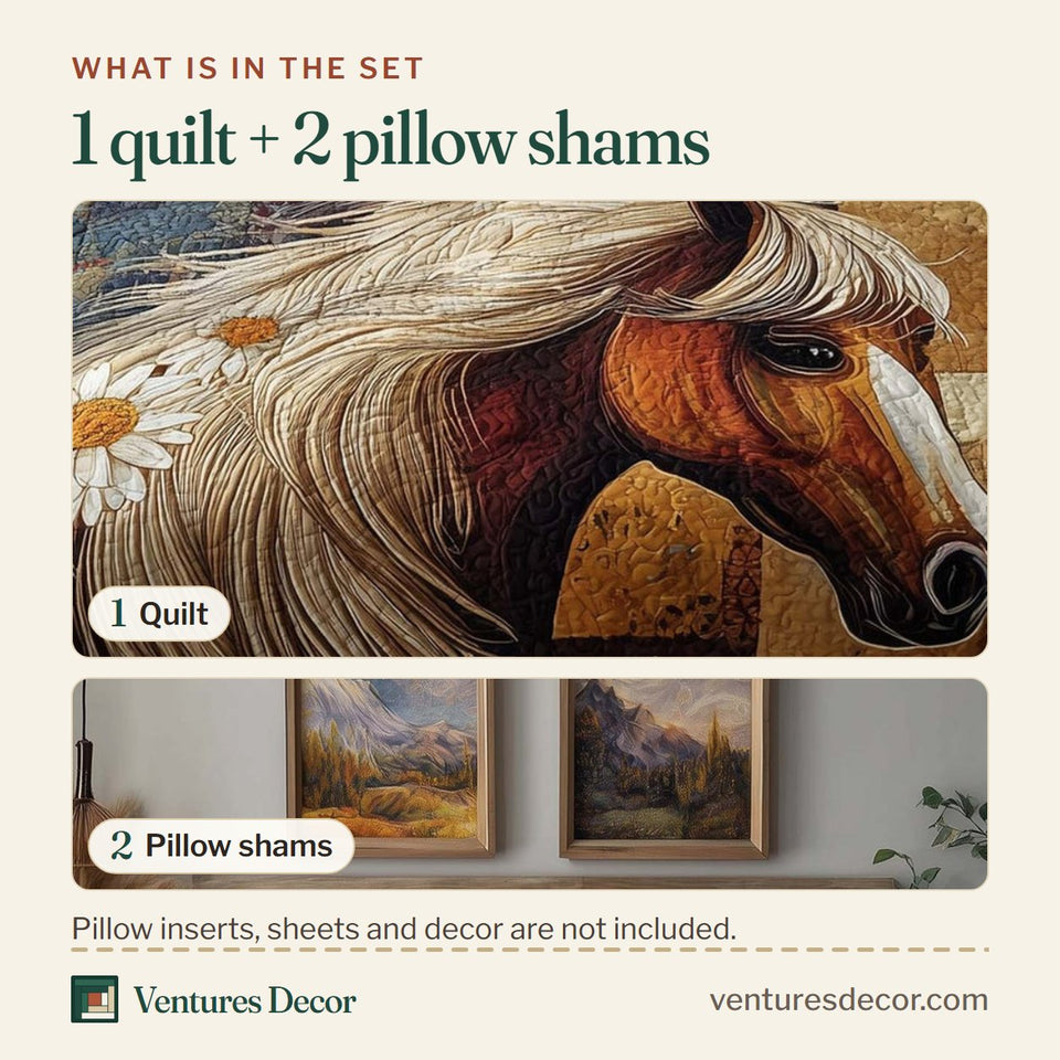 What is in the set: one quilt and two pillow shams, shown in the Homestead Hooves Palomino Among Daisies design