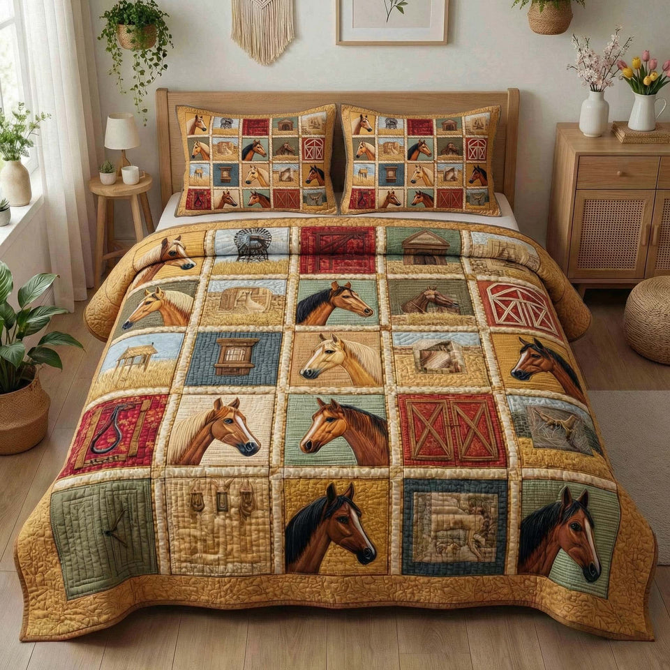 Homestead Horses quilted bedding set, quilt and two pillow shams on a made bed