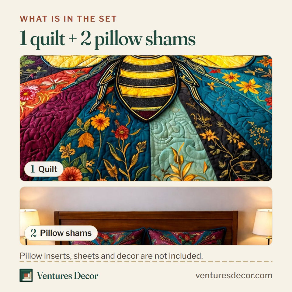 What is in the set: one quilt and two pillow shams, shown in the Honey Buzz Rainbow Ray Burst design
