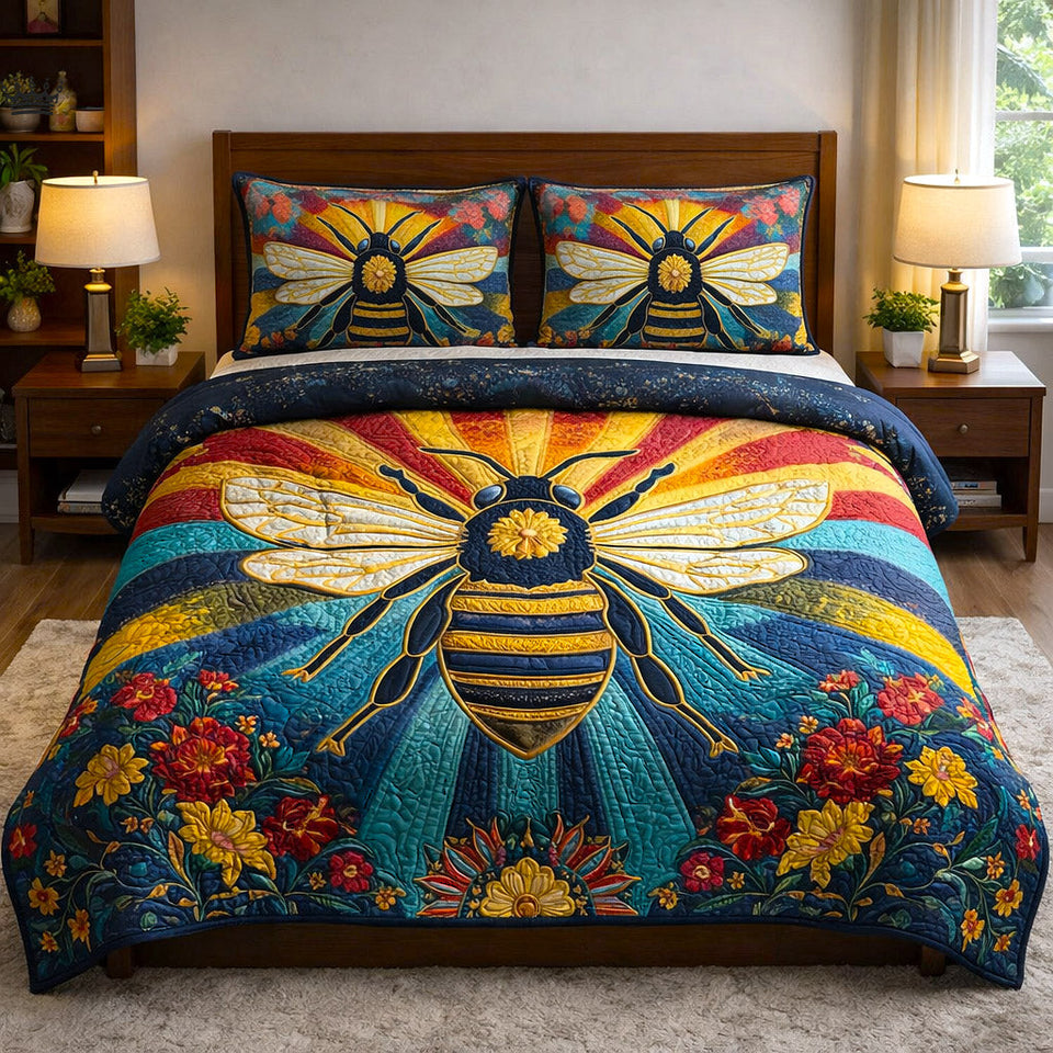 Honey Buzz Sunray Folk Flowers quilted bedding set, quilt and two pillow shams on a made bed