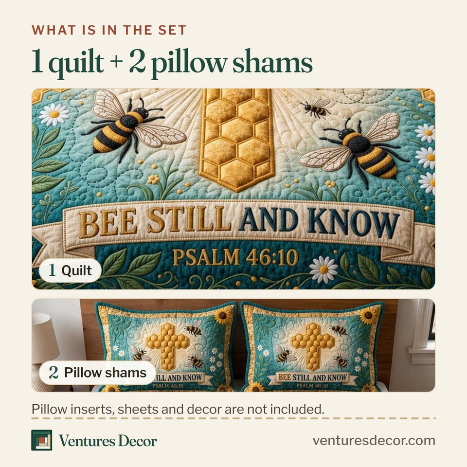 What is in the set: one quilt and two pillow shams, shown in the Honey Garden design