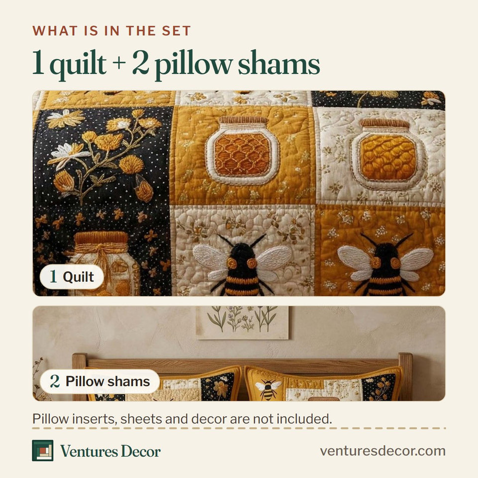 What is in the set: one quilt and two pillow shams, shown in the Honey Jar design