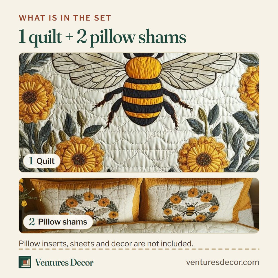 What is in the set: one quilt and two pillow shams, shown in the Honeybee Floral design