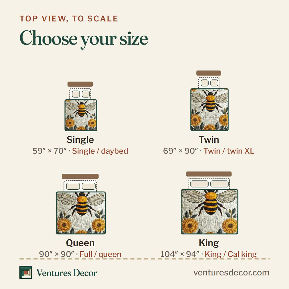 Size guide for the Honeybee Floral quilt, top view to scale: Single 59 x 70 in, Twin 69 x 90 in, Queen 90 x 90 in, King 104 x 94 in