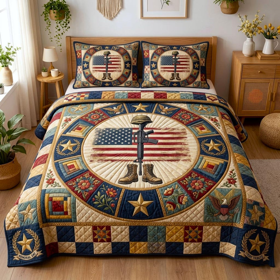 Honor Garden quilted bedding set, quilt and two pillow shams on a made bed