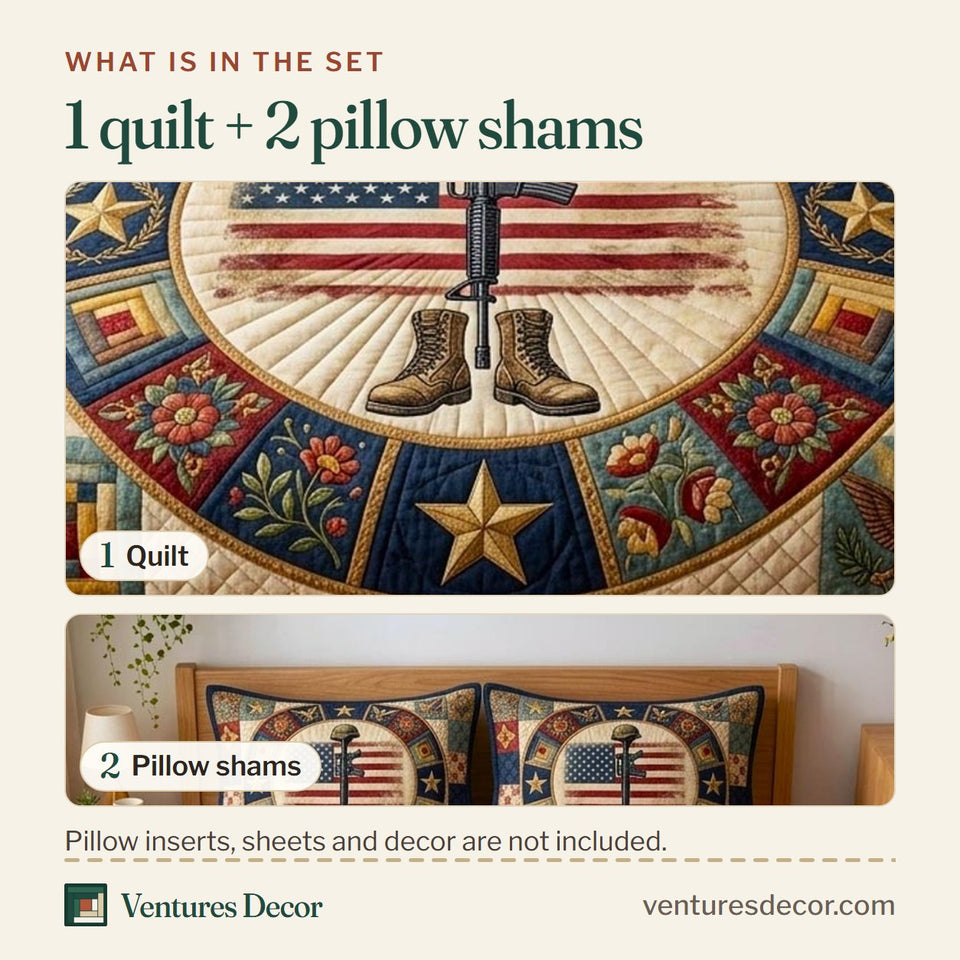 What is in the set: one quilt and two pillow shams, shown in the Honor Garden design
