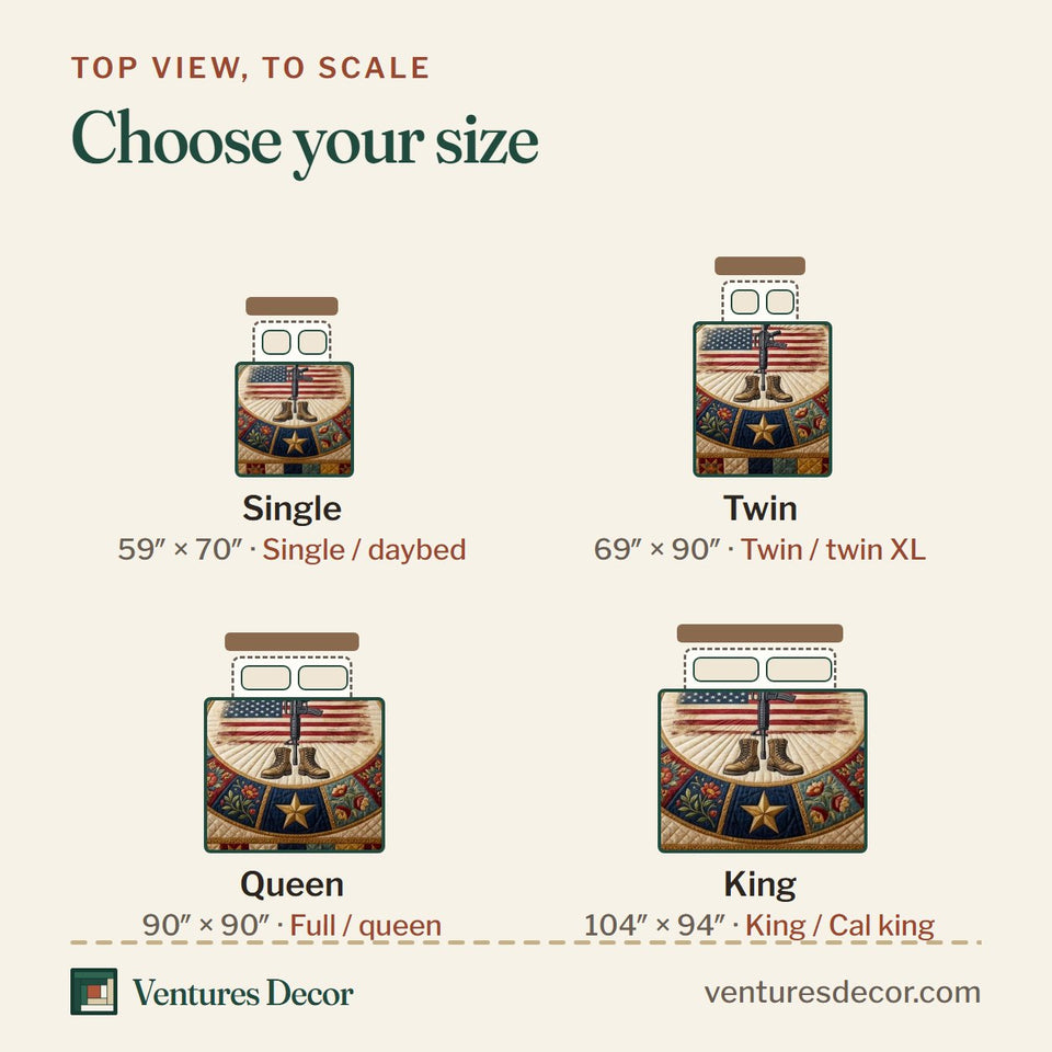 Size guide for the Honor Garden quilt, top view to scale: Single 59 x 70 in, Twin 69 x 90 in, Queen 90 x 90 in, King 104 x 94 in