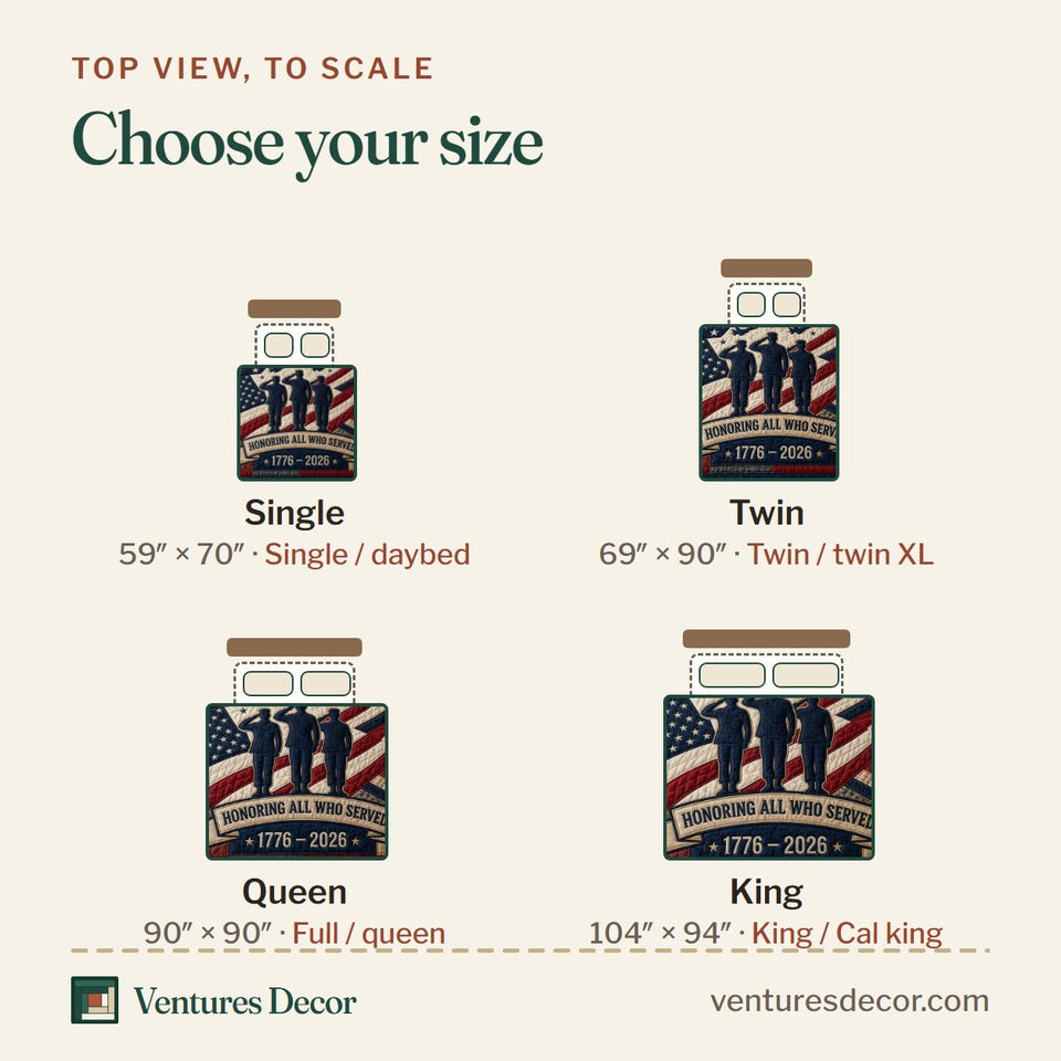Size guide for the Honoring All Who Served quilt, top view to scale: Single 59 x 70 in, Twin 69 x 90 in, Queen 90 x 90 in, King 104 x 94 in