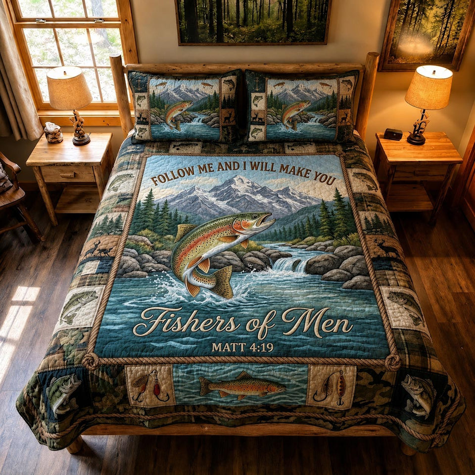Hooked Faith Mountain River Trout quilted bedding set, quilt and two pillow shams on a made bed