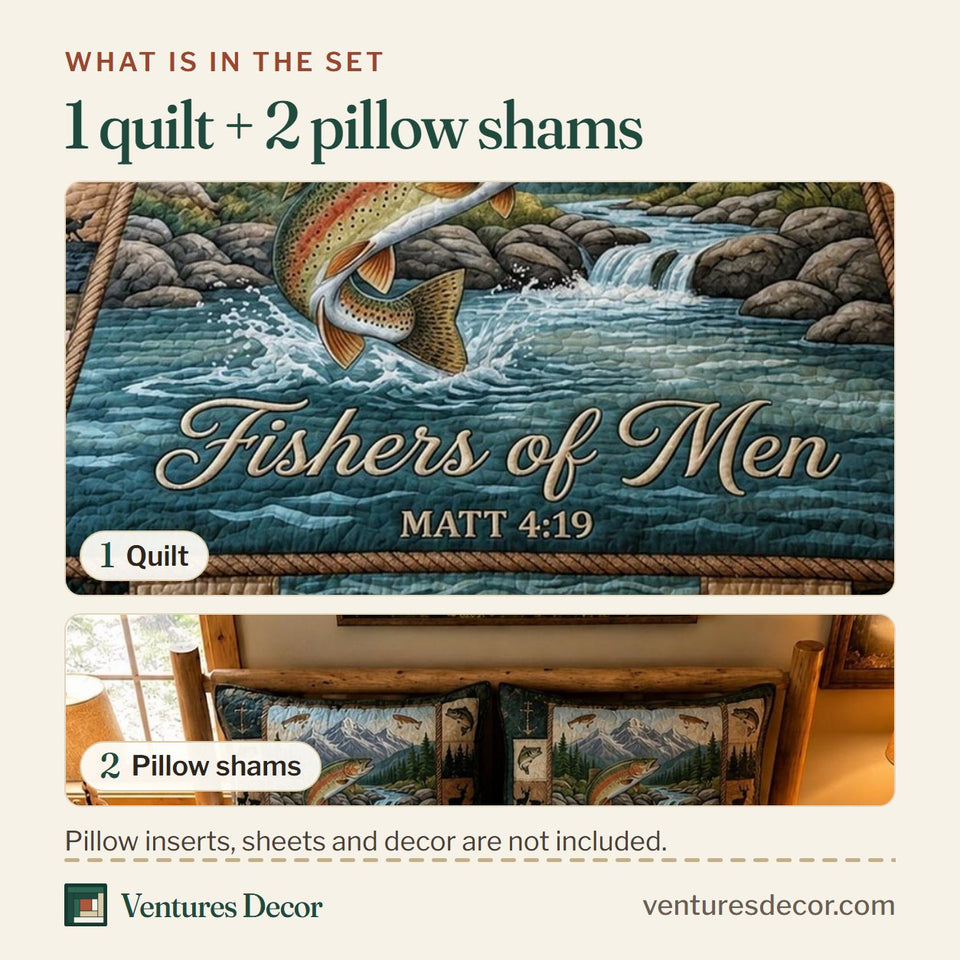 What is in the set: one quilt and two pillow shams, shown in the Hooked Faith Mountain River Trout design