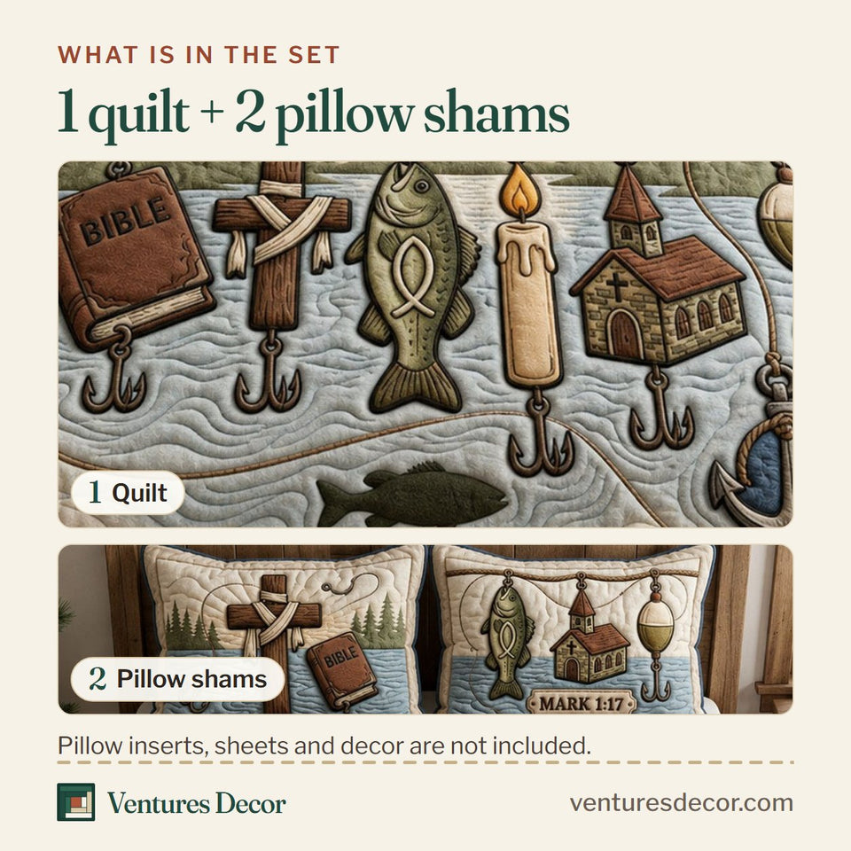 What is in the set: one quilt and two pillow shams, shown in the Hooked On Jesus Lures design