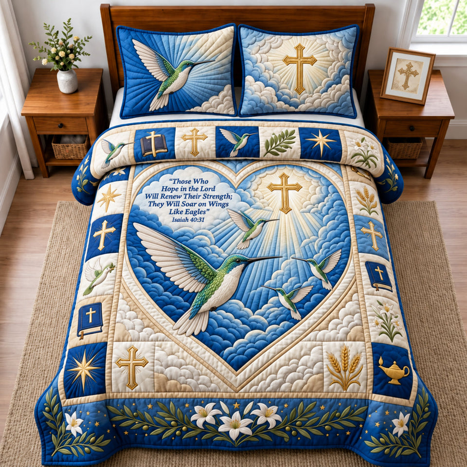 Hope In The Lord quilted bedding set, quilt and two pillow shams on a made bed