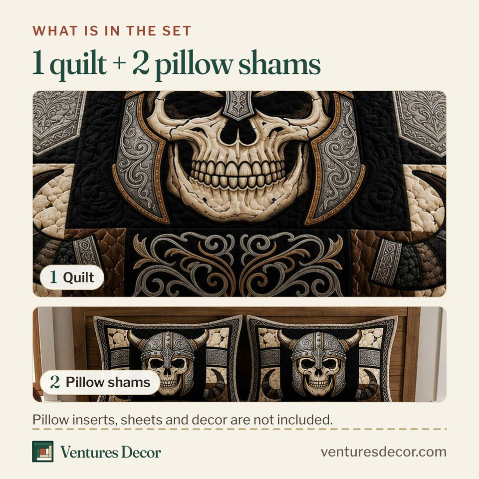 What is in the set: one quilt and two pillow shams, shown in the Horned Helm Viking Skull design