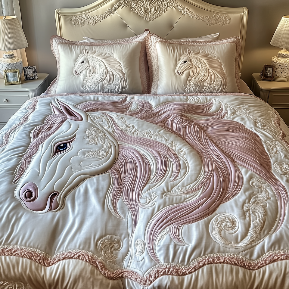 Horse Blush Mane On Ivory quilted bedding set, quilt and two pillow shams on a made bed