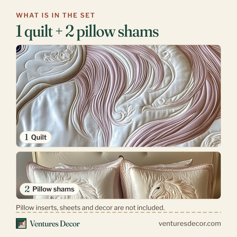 What is in the set: one quilt and two pillow shams, shown in the Horse Blush Mane On Ivory design