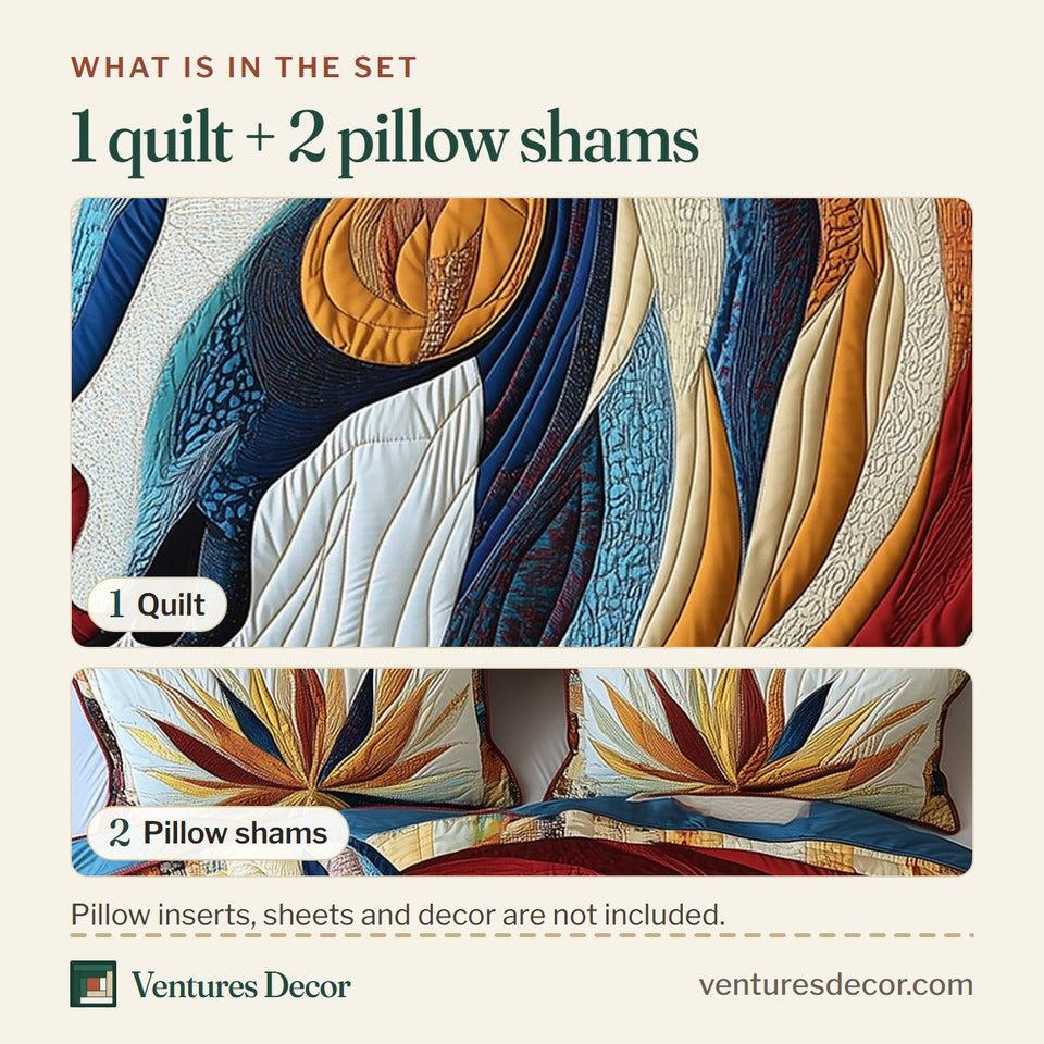 What is in the set: one quilt and two pillow shams, shown in the Horse Bold Red And Gold Mane design